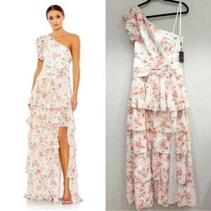 Size 8 Mac Duggal Floral Print Ruffle Tiered‎ One Shoulder Gown Spring Dress